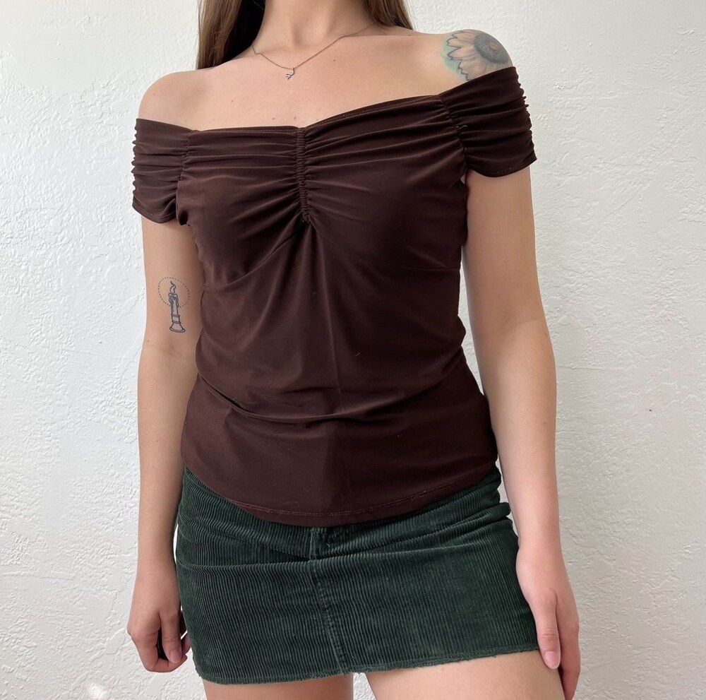 Carol Rose Women's Brown Ruched Top Short Sleeve Off Shoulder y2k Cottagecore